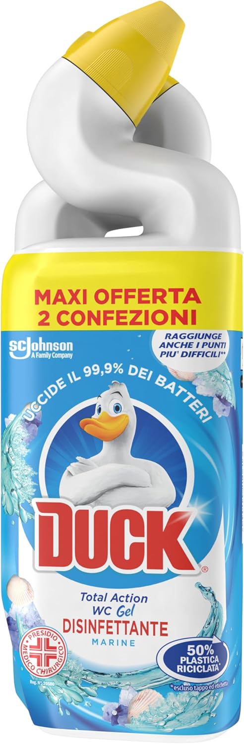 Duck WC Gel Disinfettante - Liquido per WC, Uccide fino al 99,9% dei batteri, Fragranza Marine, Bipacco 2x750 ml