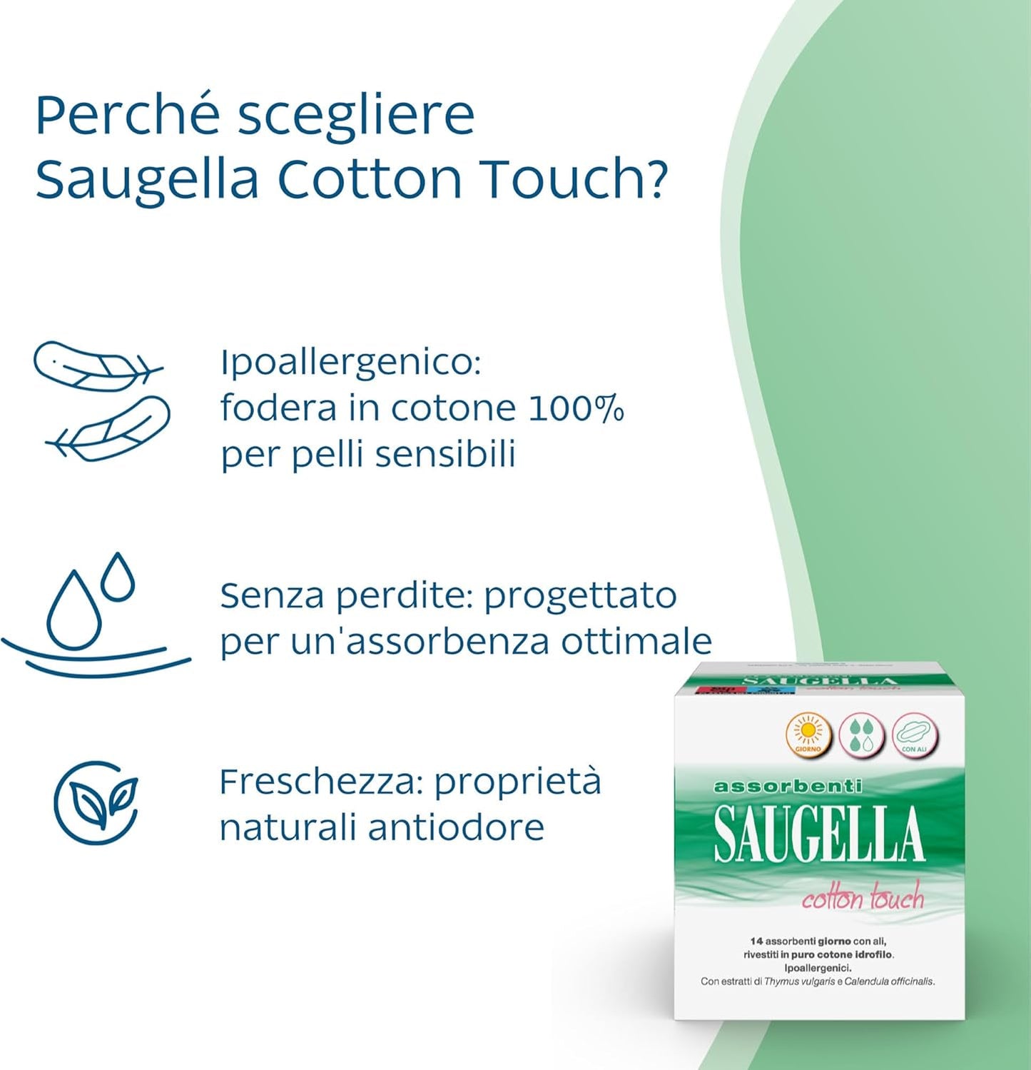 4x confezione Saugella Assorbenti Cotton Touch Giorno, 56 Assorbenti Cotone Giorno con Ali, Azione Antibatterica, Antiodore e Lenitiva