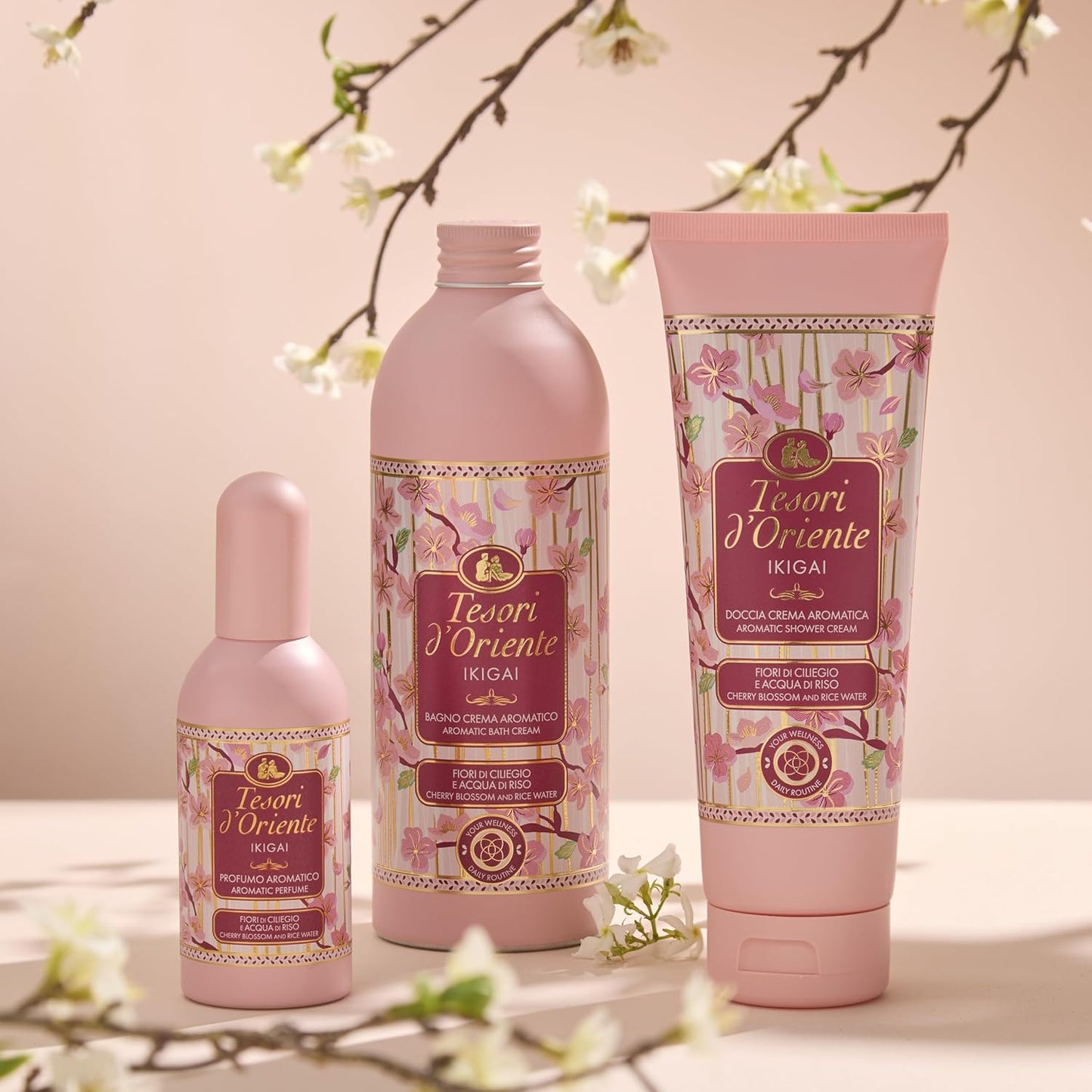 Set idea Regalo, Bagno Crema 500ml, Profumo 100ml, Doccia Crema 250ml, Fragranza Ik igai Fiori di Ciliegio e Acqua di Riso Dona alla Pelle una Sensazione di Puro Benessere