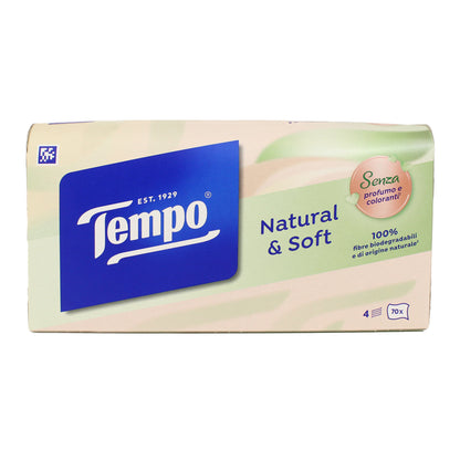 Tempo Pacchetti Di Carta Natural & Soft, 4 Veli, Resistenti In Lavatrice, Fazzoletti Naturali E Morbidi, Senza Profumo, Coloranti E Allergeni, 12 Confezioni da 70 Fazzoletti Monouso