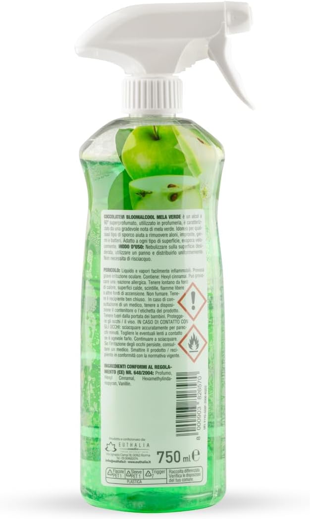 COCCOLATEVI MELA Bloomalcool 60° Mela 750 ml, Detergente Multiuso Profumato Mela, Deterge e Profuma, Ideale per Cucina, Bagno e Superfici Dure, Senza Risciacquo