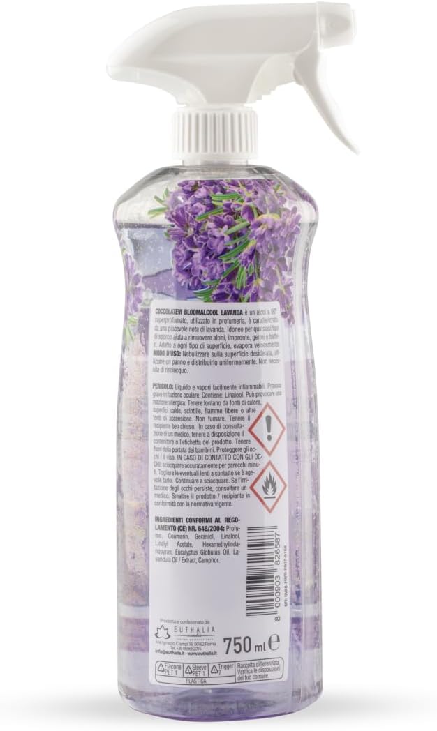 COCCOLATEVI LAVANDA Bloomalcool 60° 750 ml, Detergente Multiuso Profumato, Deterge e Profuma, Ideale per Cucina, Bagno e Superfici Dure, Senza Risciacquo