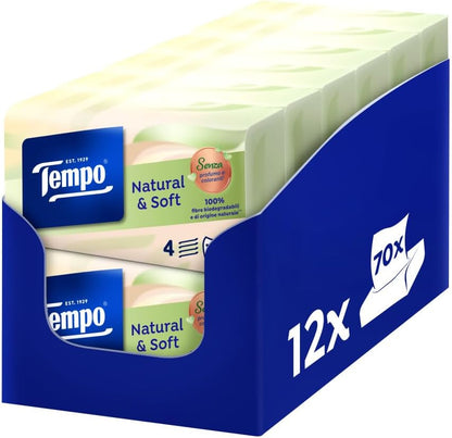 Tempo Pacchetti Di Carta Natural & Soft, 4 Veli, Resistenti In Lavatrice, Fazzoletti Naturali E Morbidi, Senza Profumo, Coloranti E Allergeni, 12 Confezioni da 70 Fazzoletti Monouso