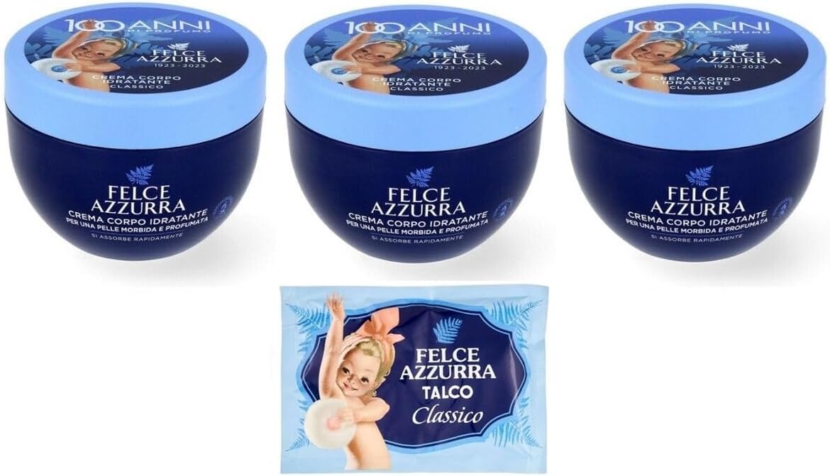 Felce Azzurra Crema corpo idratante, 3 confezioni da 250 ml, + 1 confezione di talco in polvere Felce Azzurra inclusa, 100 g