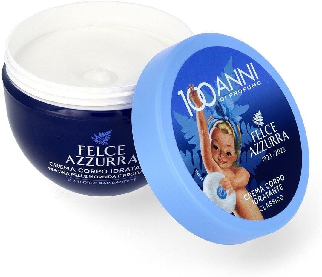 Felce Azzurra Crema corpo idratante, 3 confezioni da 250 ml, + 1 confezione di talco in polvere Felce Azzurra inclusa, 100 g