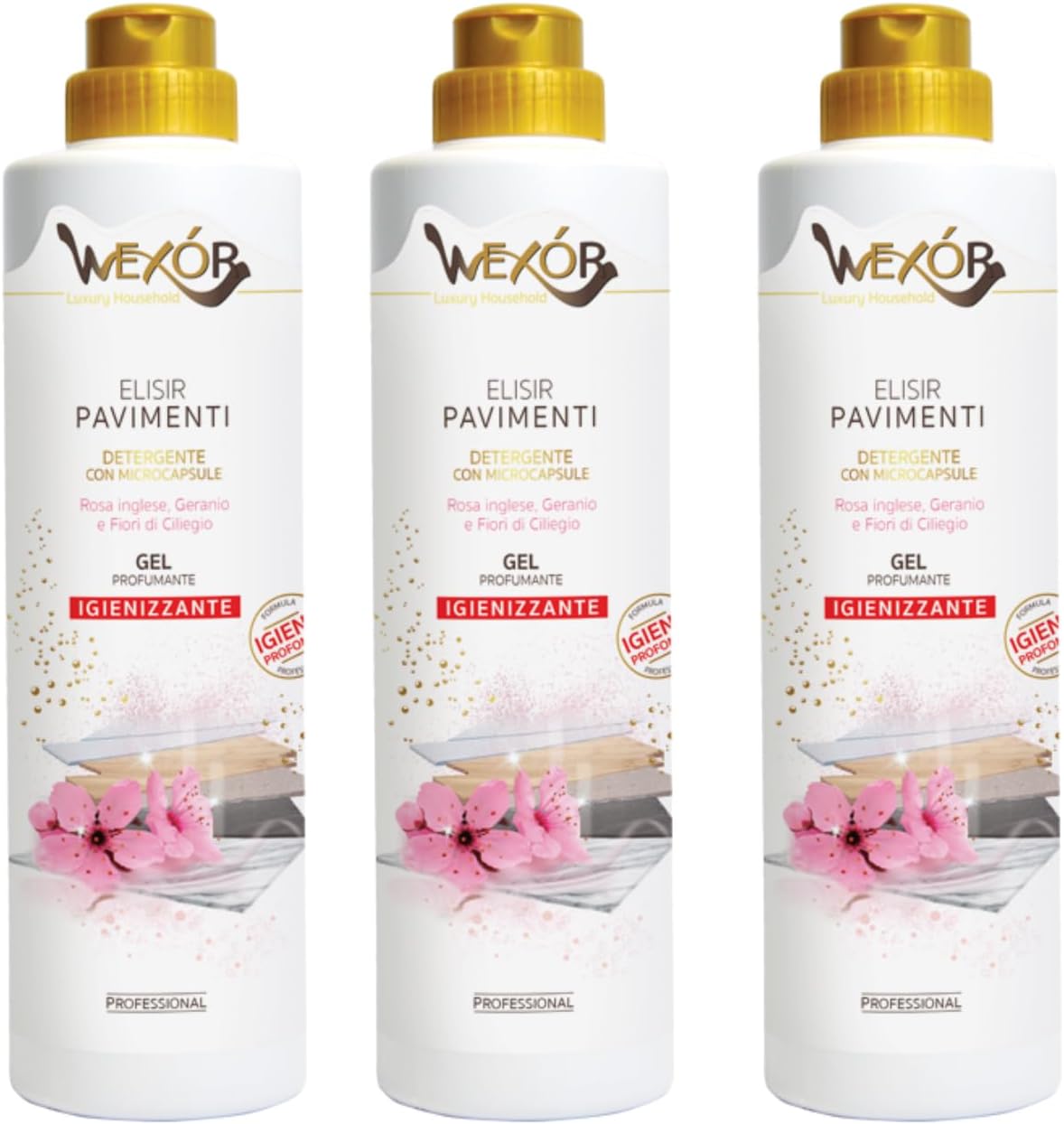Detergente Elisir Pavimenti in Gel con Microcapsule Igienizzante, Profumato Rosa Inglese Geranio e Fiori di Ciliegio 750ml (750ml (3 Unita))