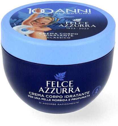 Felce Azzurra Crema corpo idratante, 3 confezioni da 250 ml, + 1 confezione di talco in polvere Felce Azzurra inclusa, 100 g