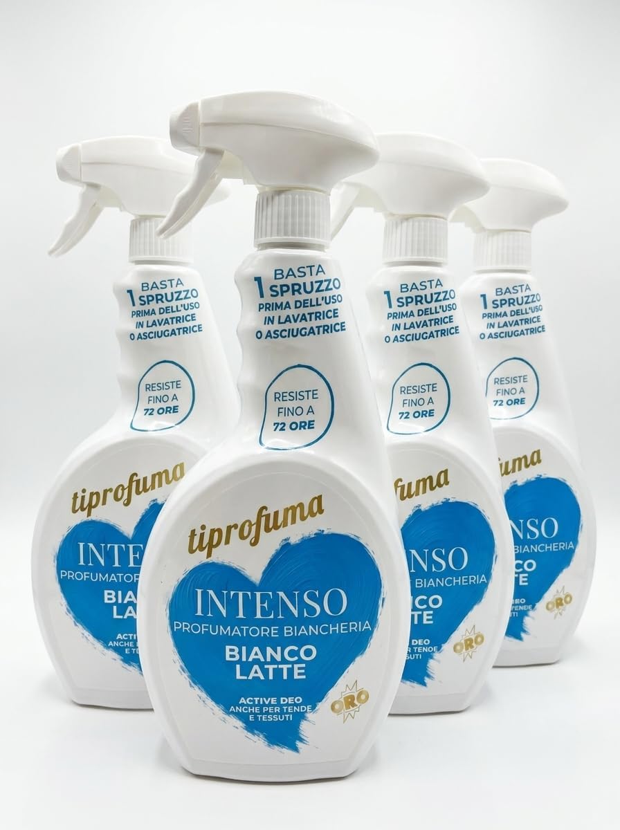 Spray Profumatore per Tessuti e Biancheria, Fragranza Bianco Latte, Lunga Durata fino a 72 Ore, per Vestiti e Tende (x4)