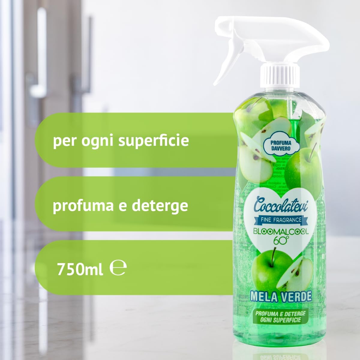 COCCOLATEVI MELA Bloomalcool 60° Mela 750 ml, Detergente Multiuso Profumato Mela, Deterge e Profuma, Ideale per Cucina, Bagno e Superfici Dure, Senza Risciacquo