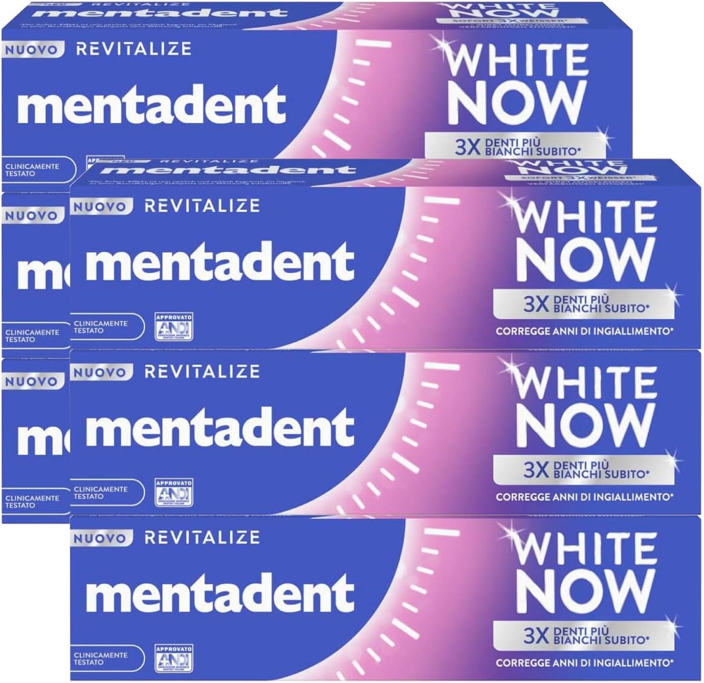Mentadent White Now Revitalize Dentifricio Sbiancante Contro Ingiallimento Denti per Smalto Naturale Sbiancamento Temporaneo - 6 Flaconi da 75ml