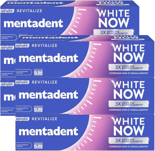 Mentadent White Now Revitalize Dentifricio Sbiancante Contro Ingiallimento Denti per Smalto Naturale Sbiancamento Temporaneo - 6 Flaconi da 75ml