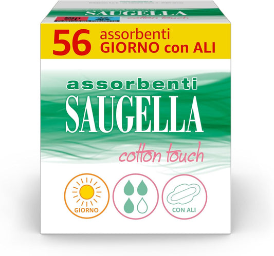 4x confezione Saugella Assorbenti Cotton Touch Giorno, 56 Assorbenti Cotone Giorno con Ali, Azione Antibatterica, Antiodore e Lenitiva