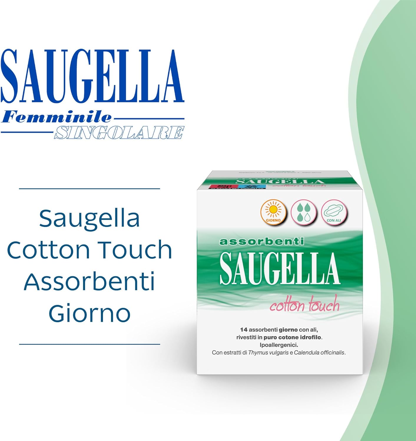 4x confezione Saugella Assorbenti Cotton Touch Giorno, 56 Assorbenti Cotone Giorno con Ali, Azione Antibatterica, Antiodore e Lenitiva