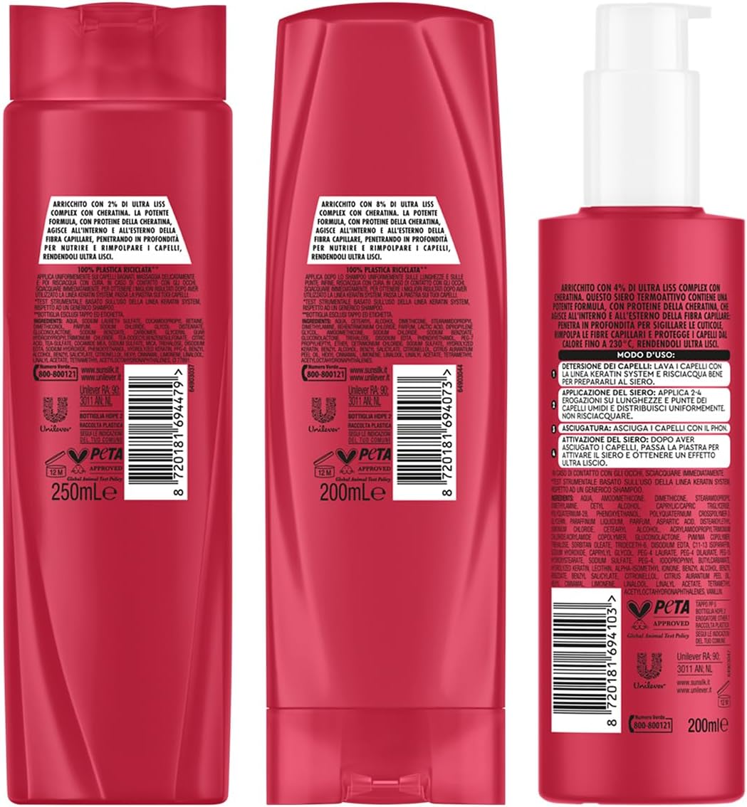Sunsilk Kit Keratin System, Set Cura Capelli, con Shampoo 250ml, Balsamo Capelli 200ml, Siero 200ml, con Ultra Liss Complex con Cheratina