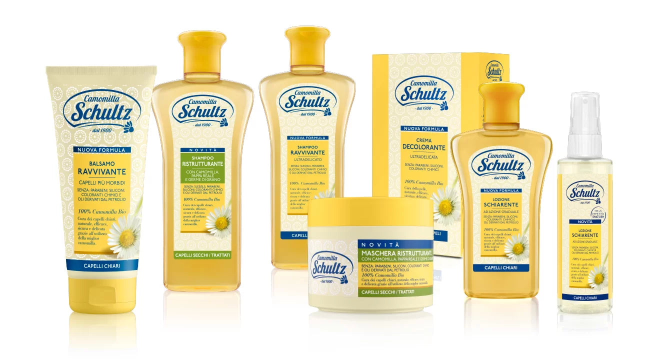 Schultz - linea trattamento cappelli,Shampoo, Balsamo, Lozioni Ultra delicato, 100% Camomilla Bio