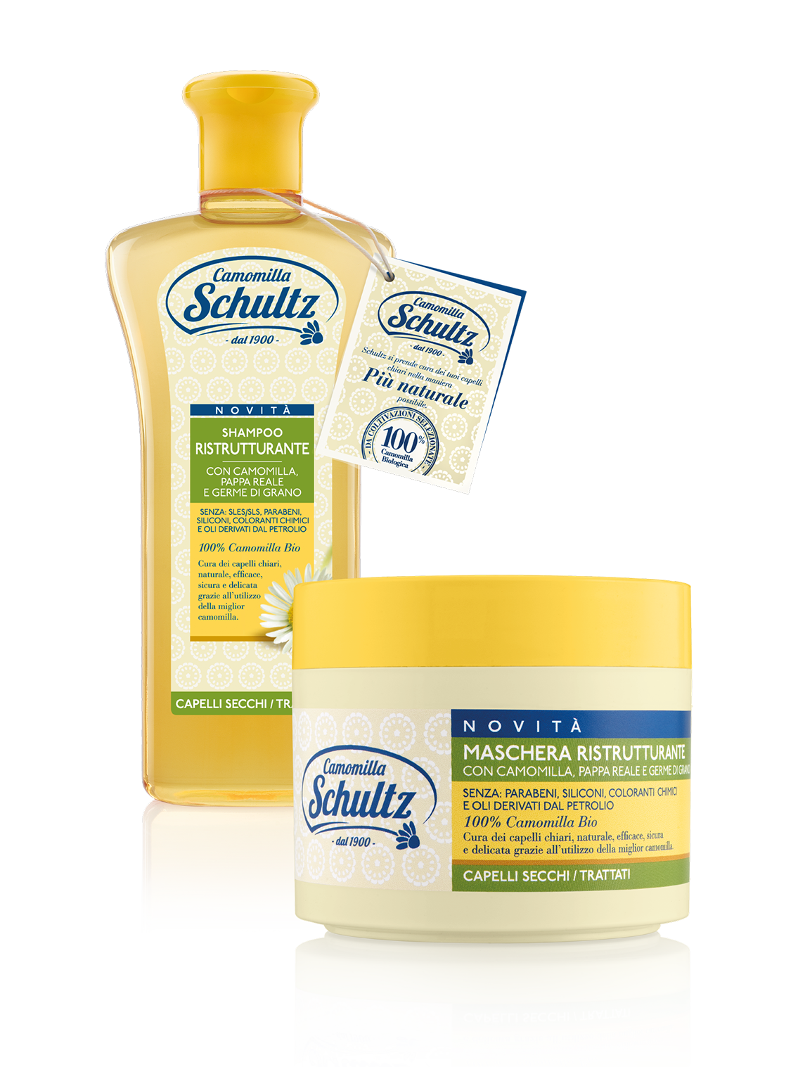 Schultz - linea trattamento cappelli,Shampoo, Balsamo, Lozioni Ultra delicato, 100% Camomilla Bio