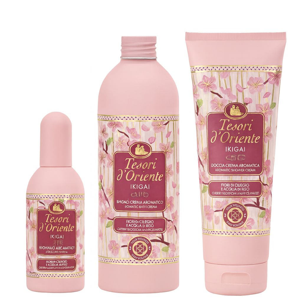 Set idea Regalo, Bagno Crema 500ml, Profumo 100ml, Doccia Crema 250ml, Fragranza  Ik igai Fiori di Ciliegio e Acqua di Riso Dona alla Pelle una Sensazione di Puro Benessere