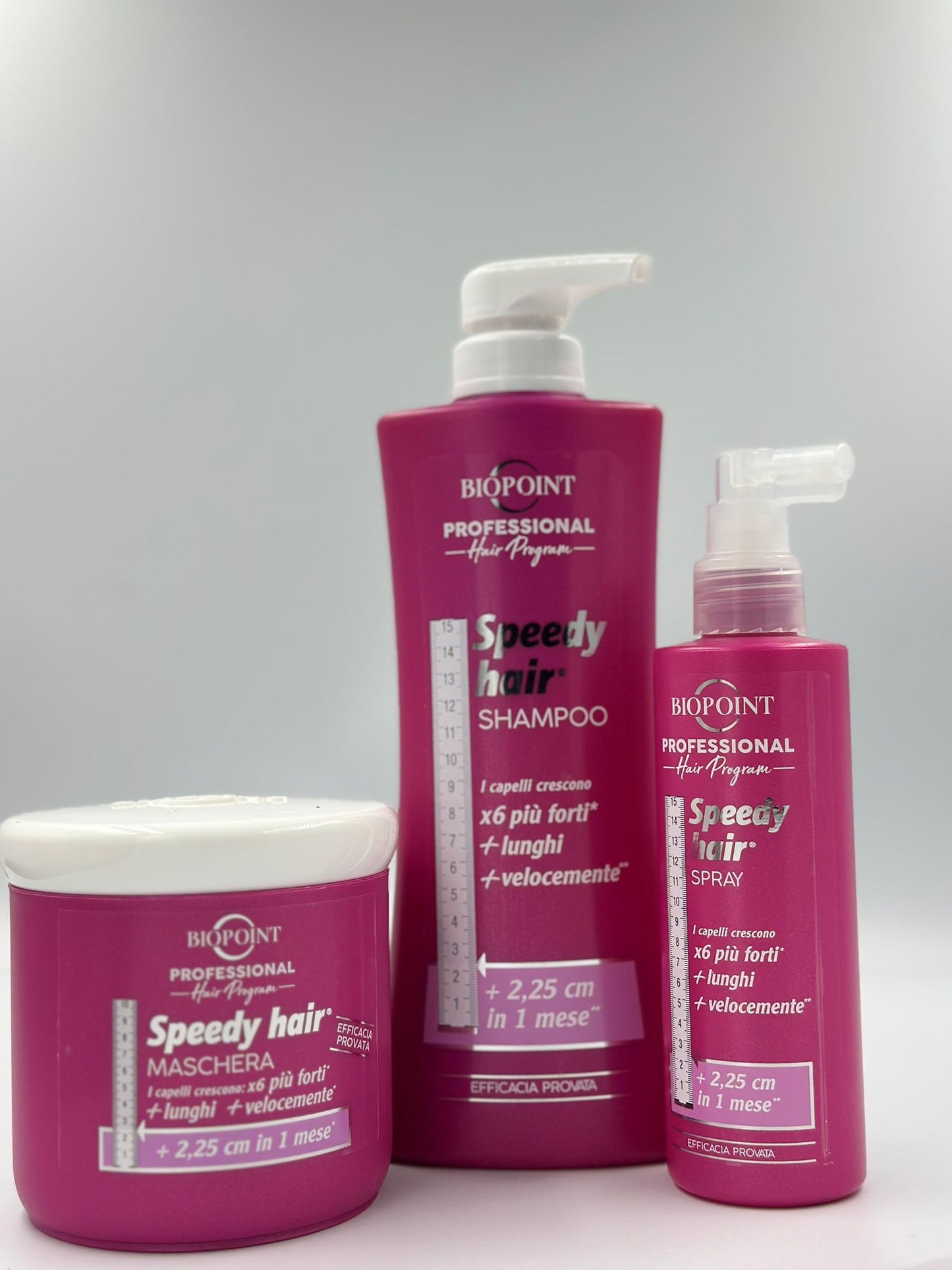 Biopoint Speedy Hair - Kit con Shampoo 400ml, Maschera Capelli 400 ml e Spray Capelli 250 ml, Azione Stimolante Per Una Crescita Più Rapida Dei Capelli