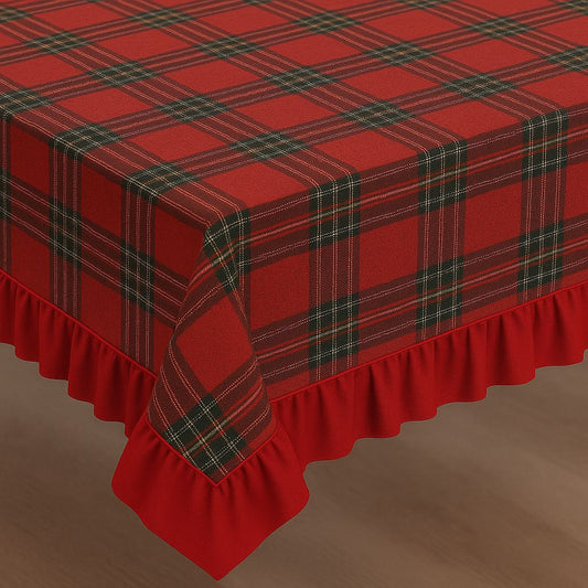 Tovaglia Natalizia Scozzese con Balza, Rettangolare in Tessuto Rosso e Verde, Motivo Tartan Classico,  6 o 12 Posti
